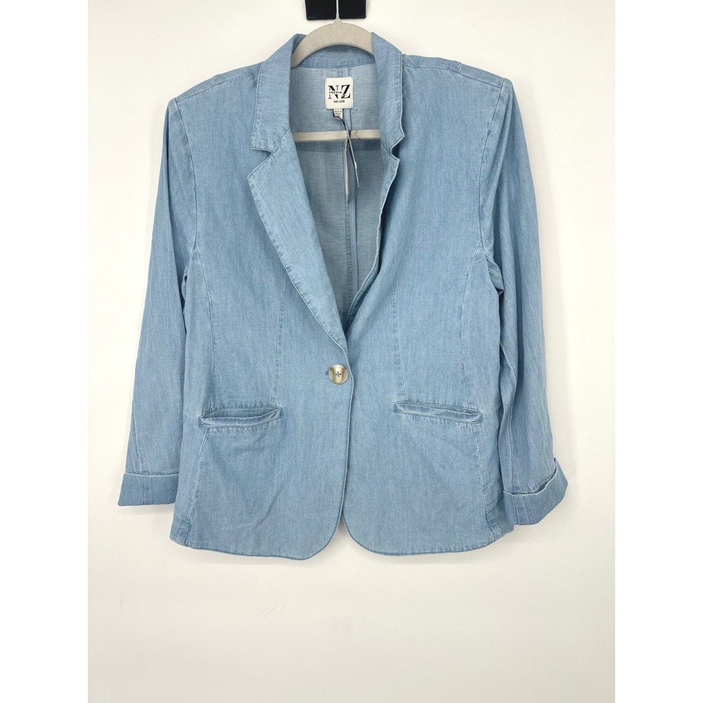 NIC+ZOE Denim Blazer Womens 12 Mid Wash Blue Linen Blend Coastal Classic Career
